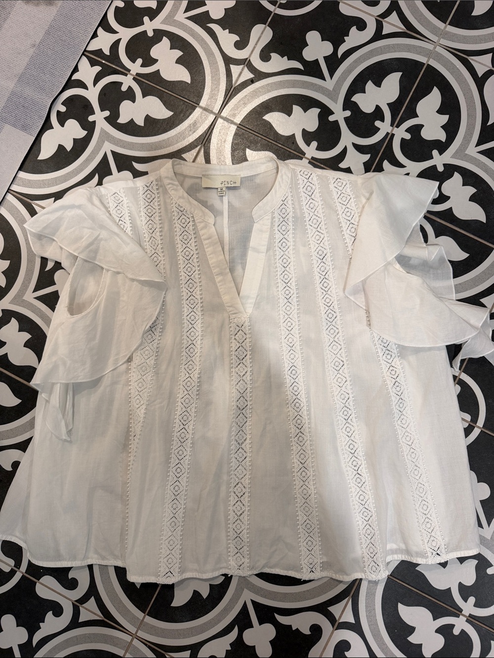 Pinch White Eyelet V-Neck Ruffle Sleeve Blouse